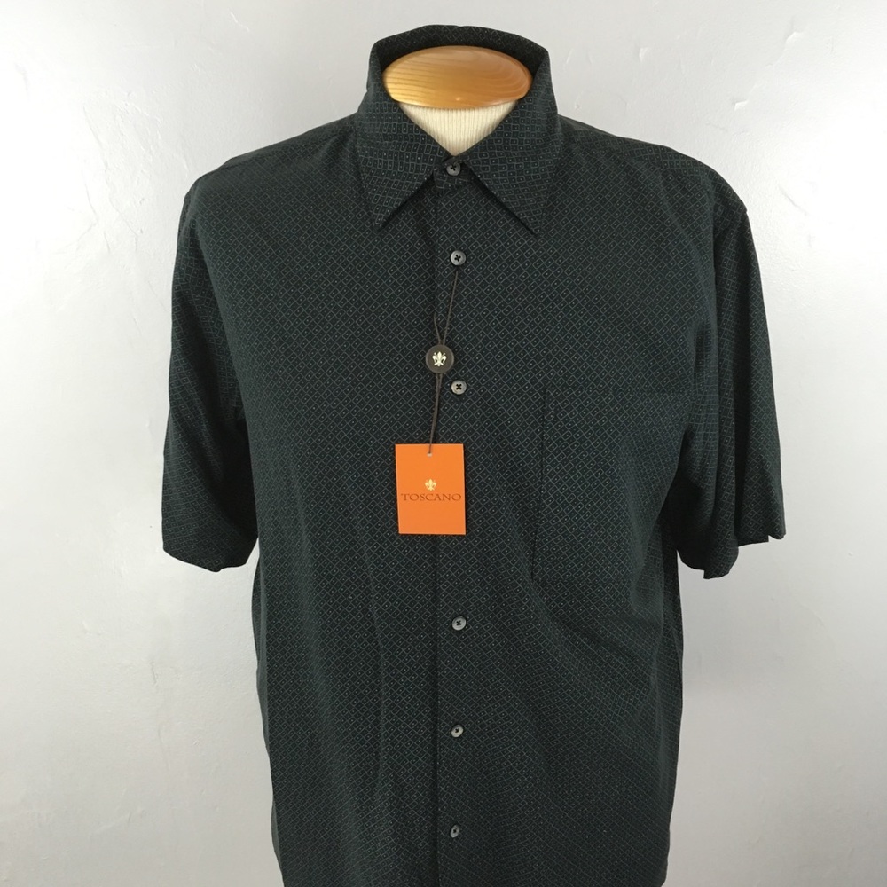 Toscano 100% silk sport shirt navy green button down shirt all silk medium m